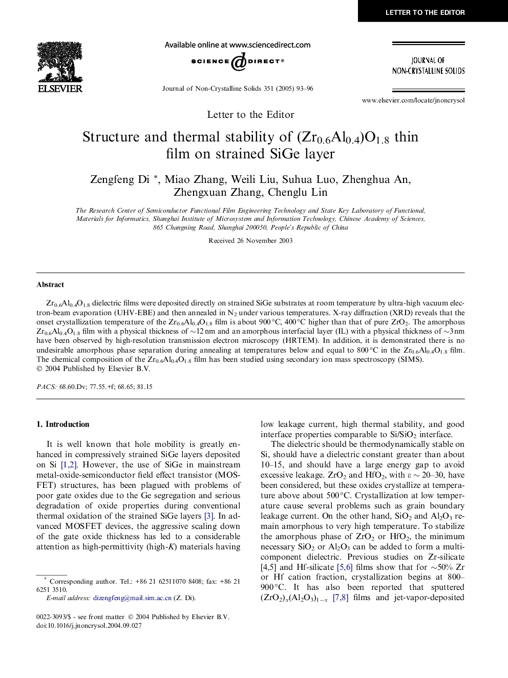 Structure and thermal stability of (Zr0.6Al0.4)O1.8 thin film on strained SiGe layer