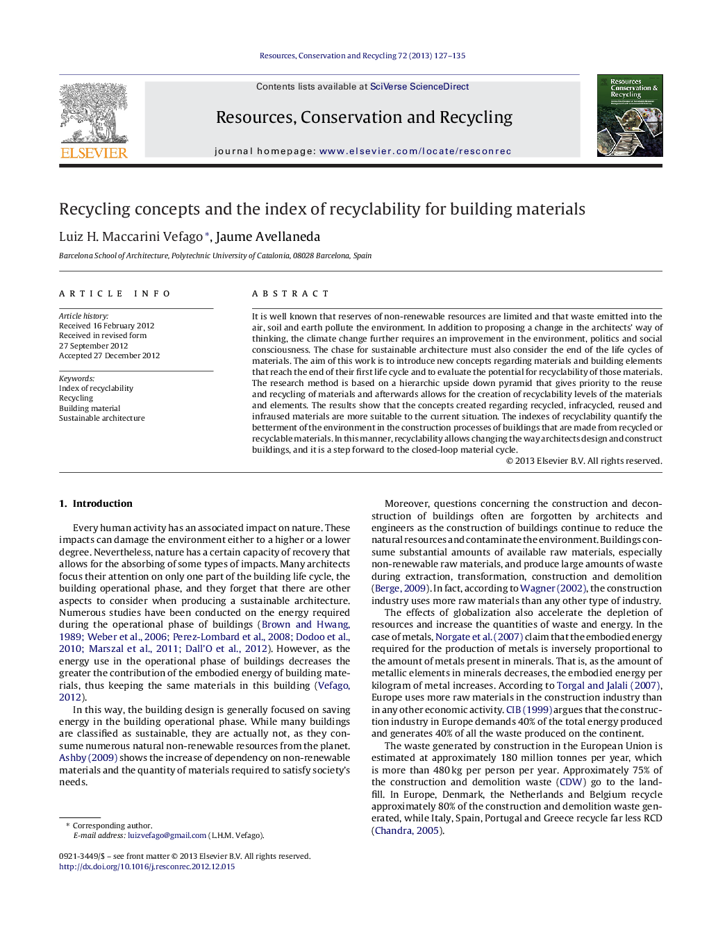 Recycling concepts and the index of recyclability for building materials