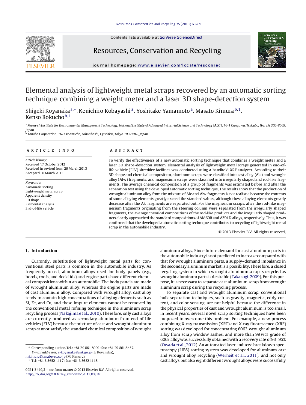 Elemental analysis of lightweight metal scraps recovered by an automatic sorting technique combining a weight meter and a laser 3D shape-detection system