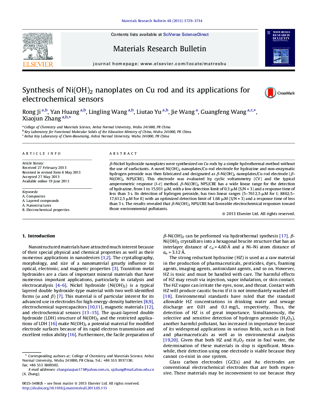 Synthesis of Ni(OH)2 nanoplates on Cu rod and its applications for electrochemical sensors