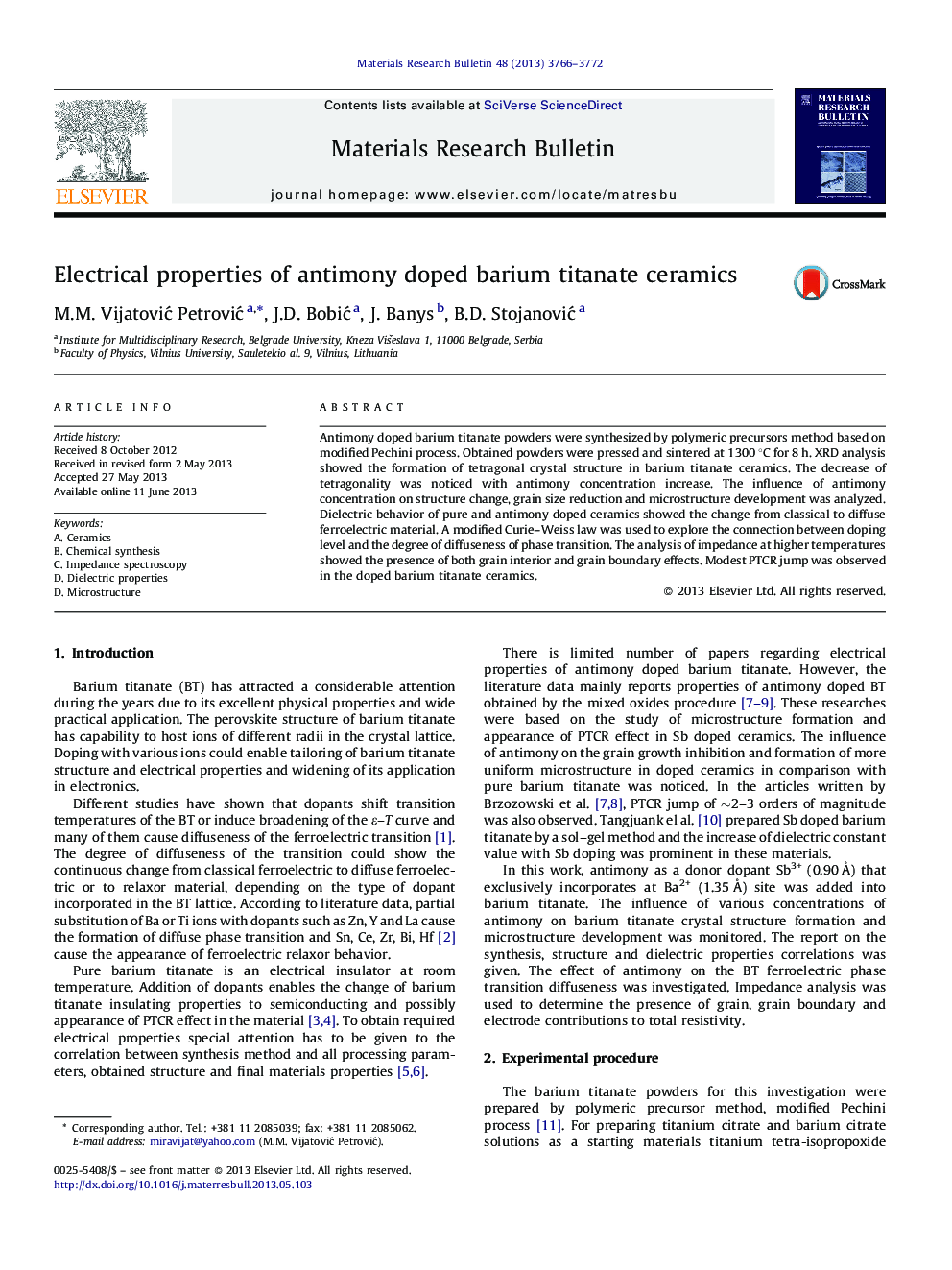 Electrical properties of antimony doped barium titanate ceramics