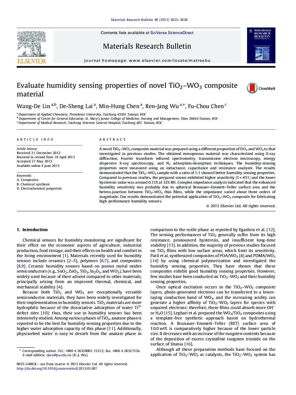 Evaluate humidity sensing properties of novel TiO2-WO3 composite material