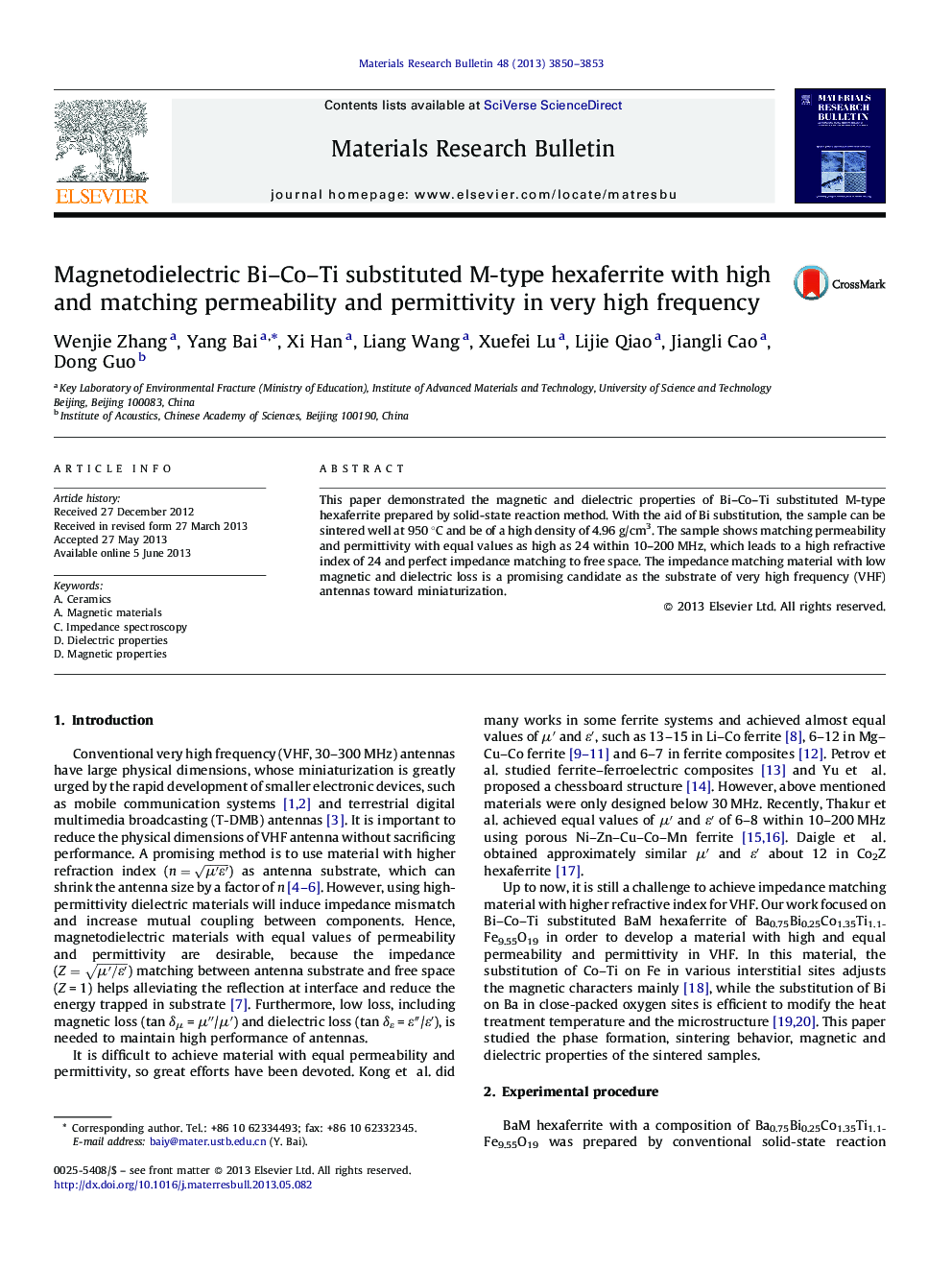 Magnetodielectric Bi-Co-Ti substituted M-type hexaferrite with high and matching permeability and permittivity in very high frequency