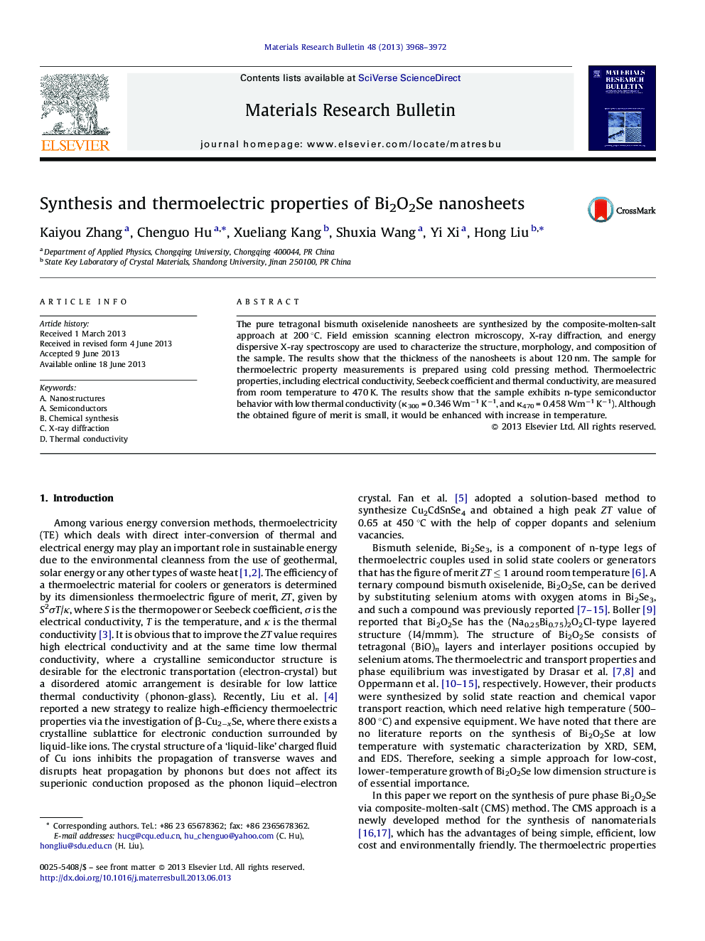 Synthesis and thermoelectric properties of Bi2O2Se nanosheets