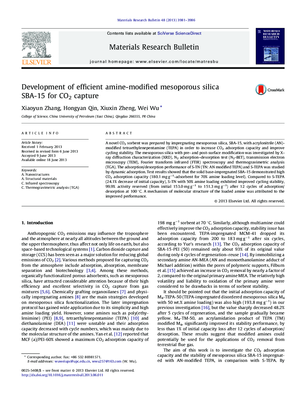Development of efficient amine-modified mesoporous silica SBA-15 for CO2 capture