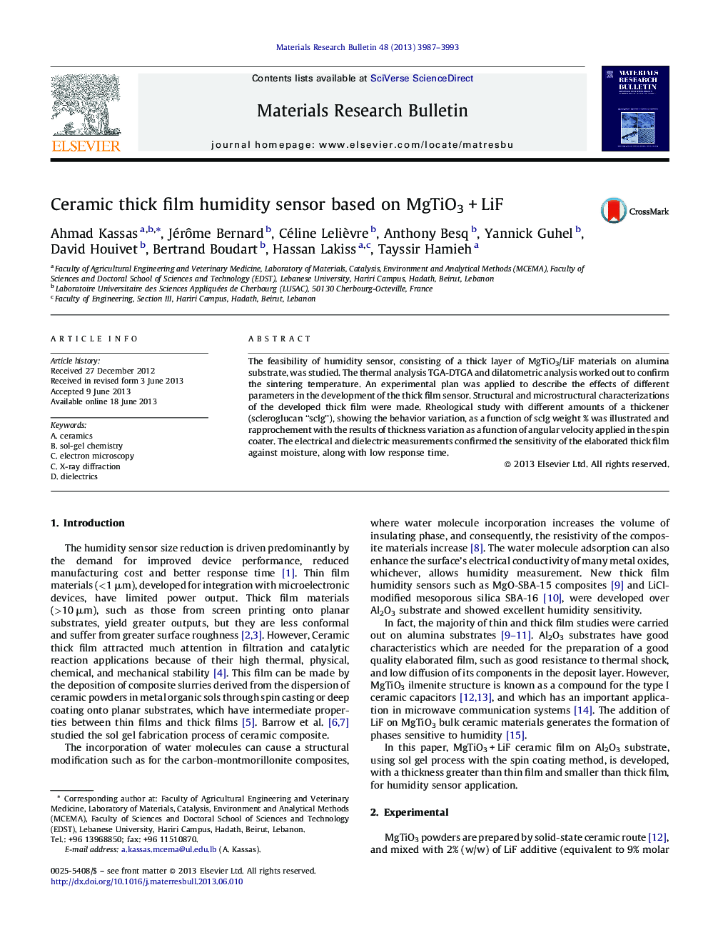 Ceramic thick film humidity sensor based on MgTiO3Â +Â LiF