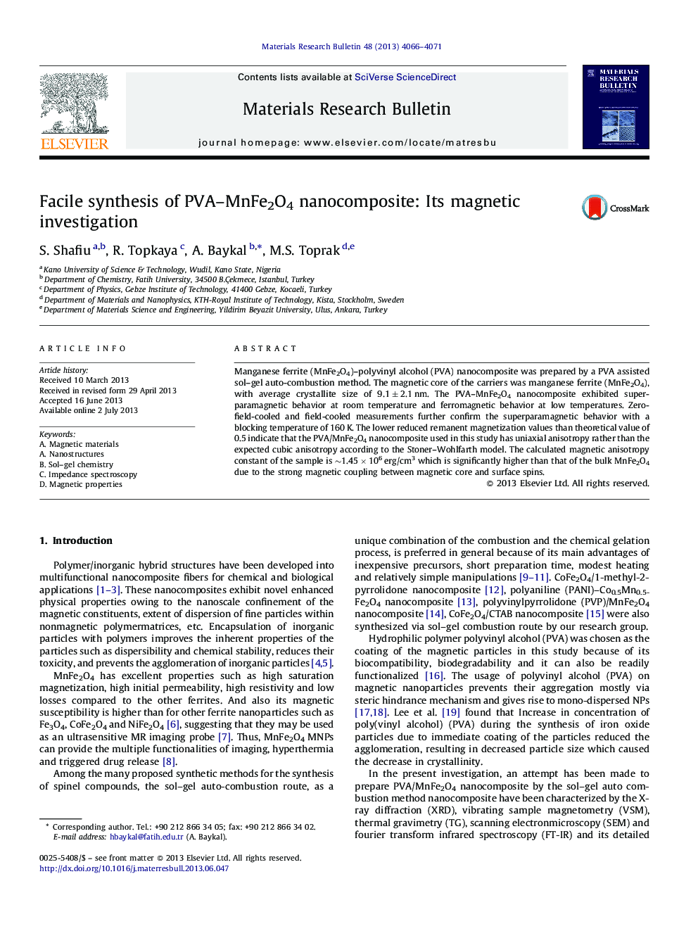 Facile synthesis of PVA-MnFe2O4 nanocomposite: Its magnetic investigation