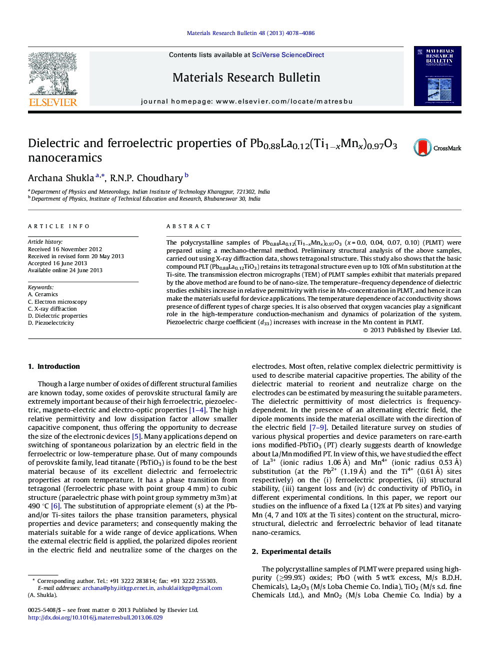 Dielectric and ferroelectric properties of Pb0.88La0.12(Ti1âxMnx)0.97O3 nanoceramics