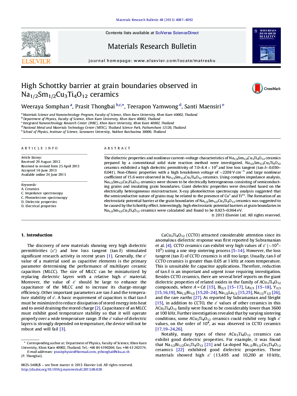 High Schottky barrier at grain boundaries observed in Na1/2Sm1/2Cu3Ti4O12 ceramics