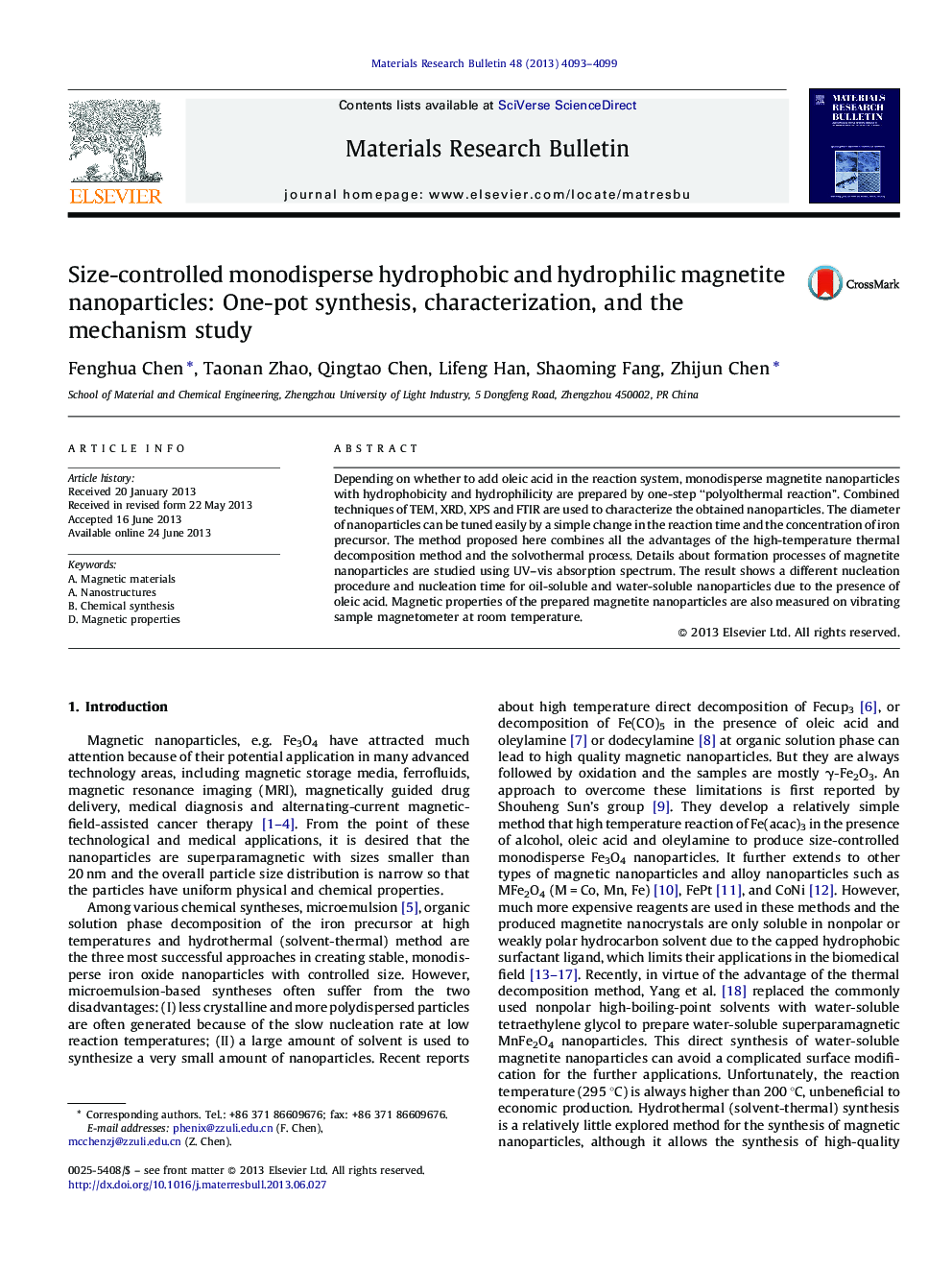 Size-controlled monodisperse hydrophobic and hydrophilic magnetite nanoparticles: One-pot synthesis, characterization, and the mechanism study