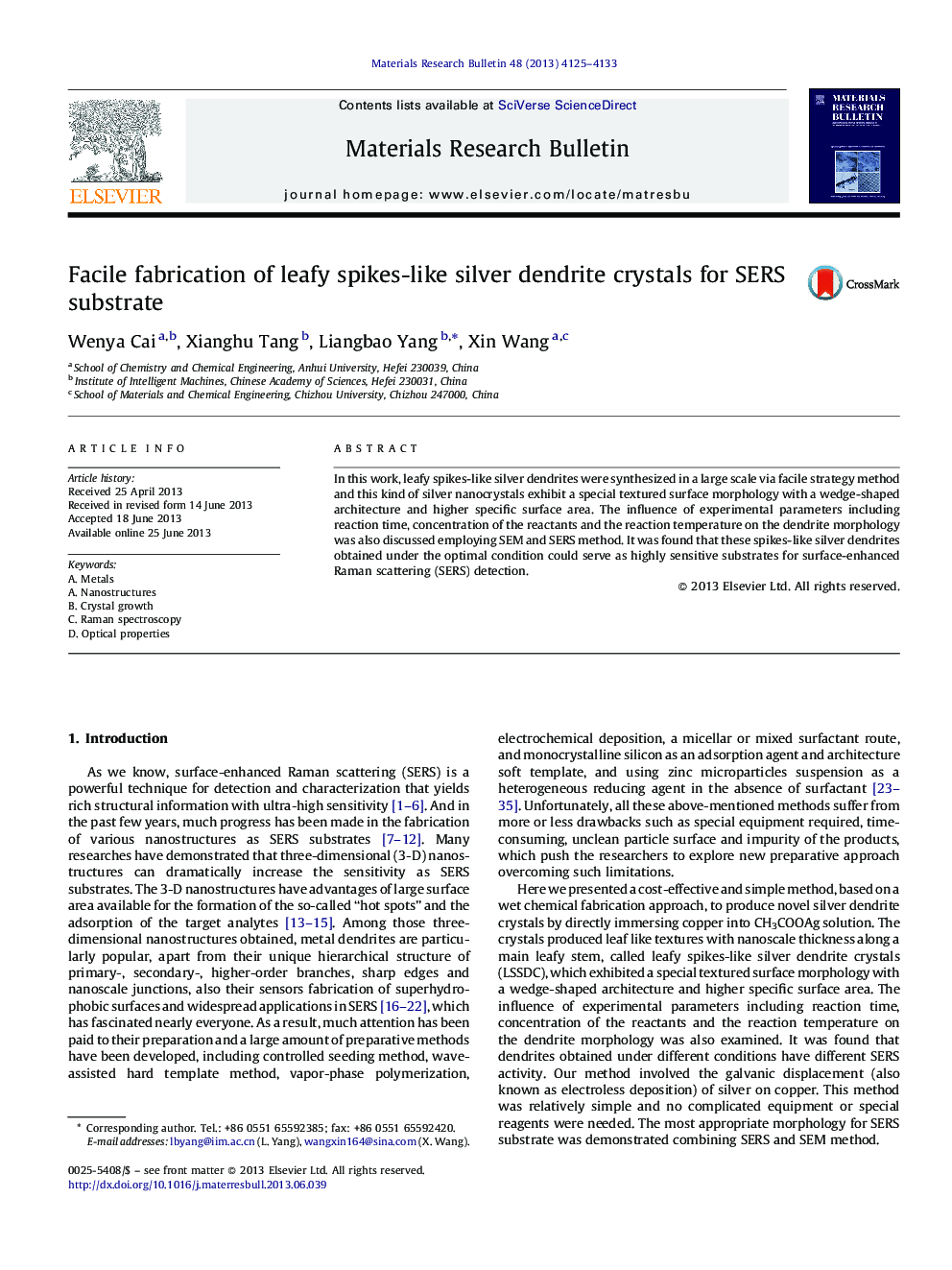 Facile fabrication of leafy spikes-like silver dendrite crystals for SERS substrate