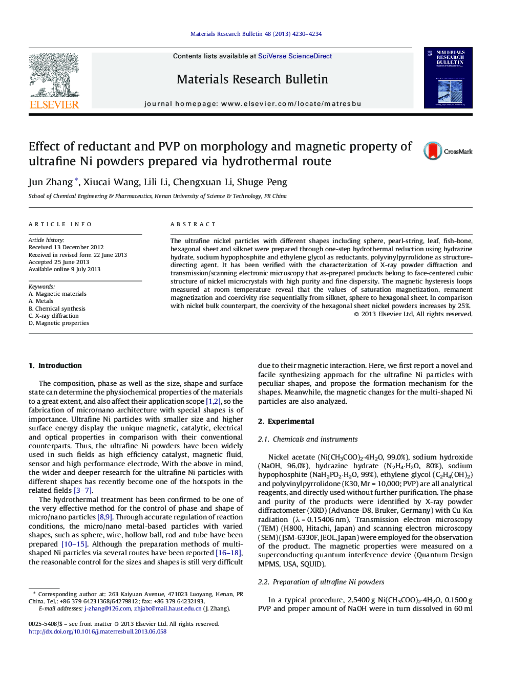 Effect of reductant and PVP on morphology and magnetic property of ultrafine Ni powders prepared via hydrothermal route