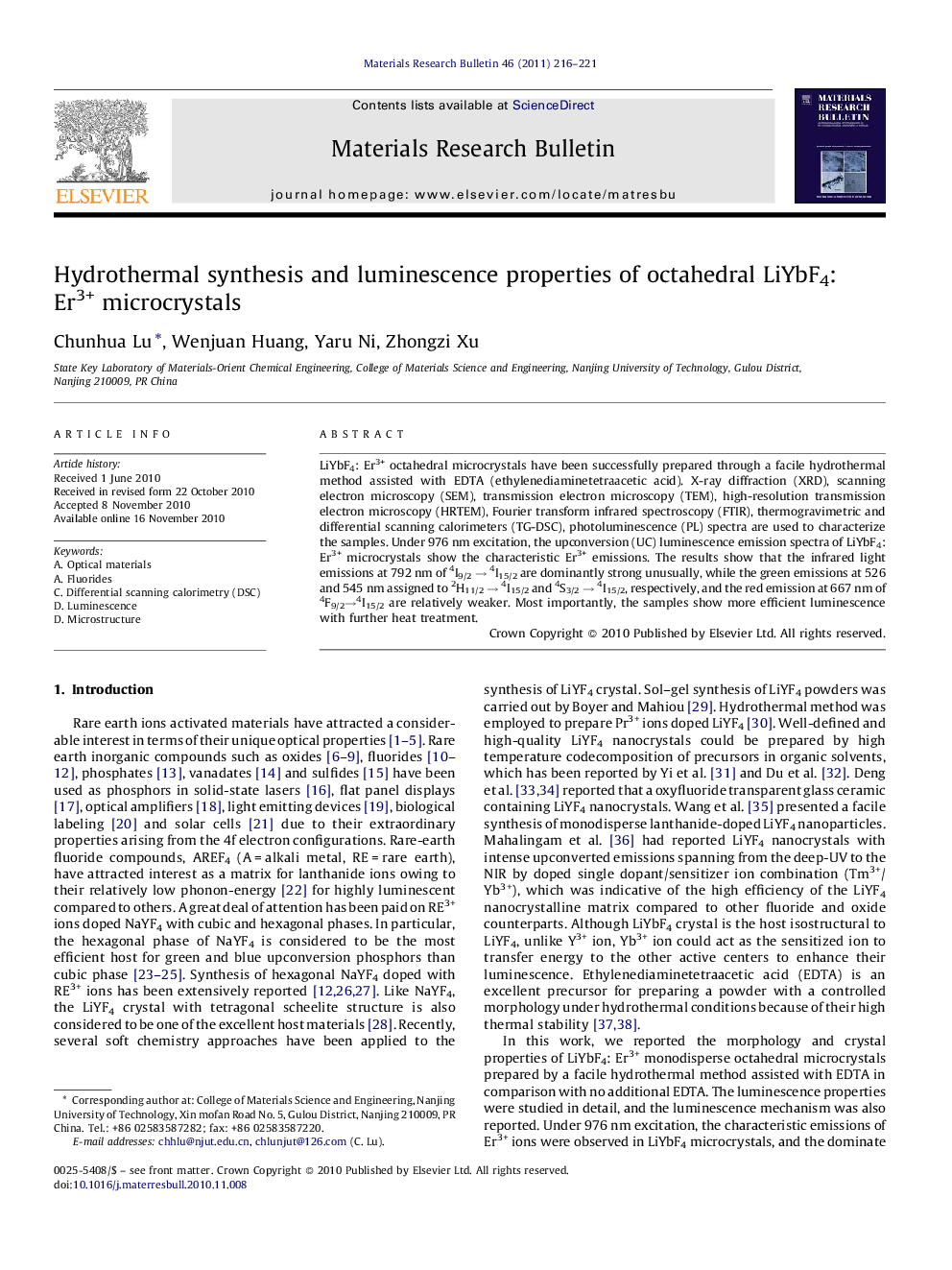 Hydrothermal synthesis and luminescence properties of octahedral LiYbF4: Er3+ microcrystals