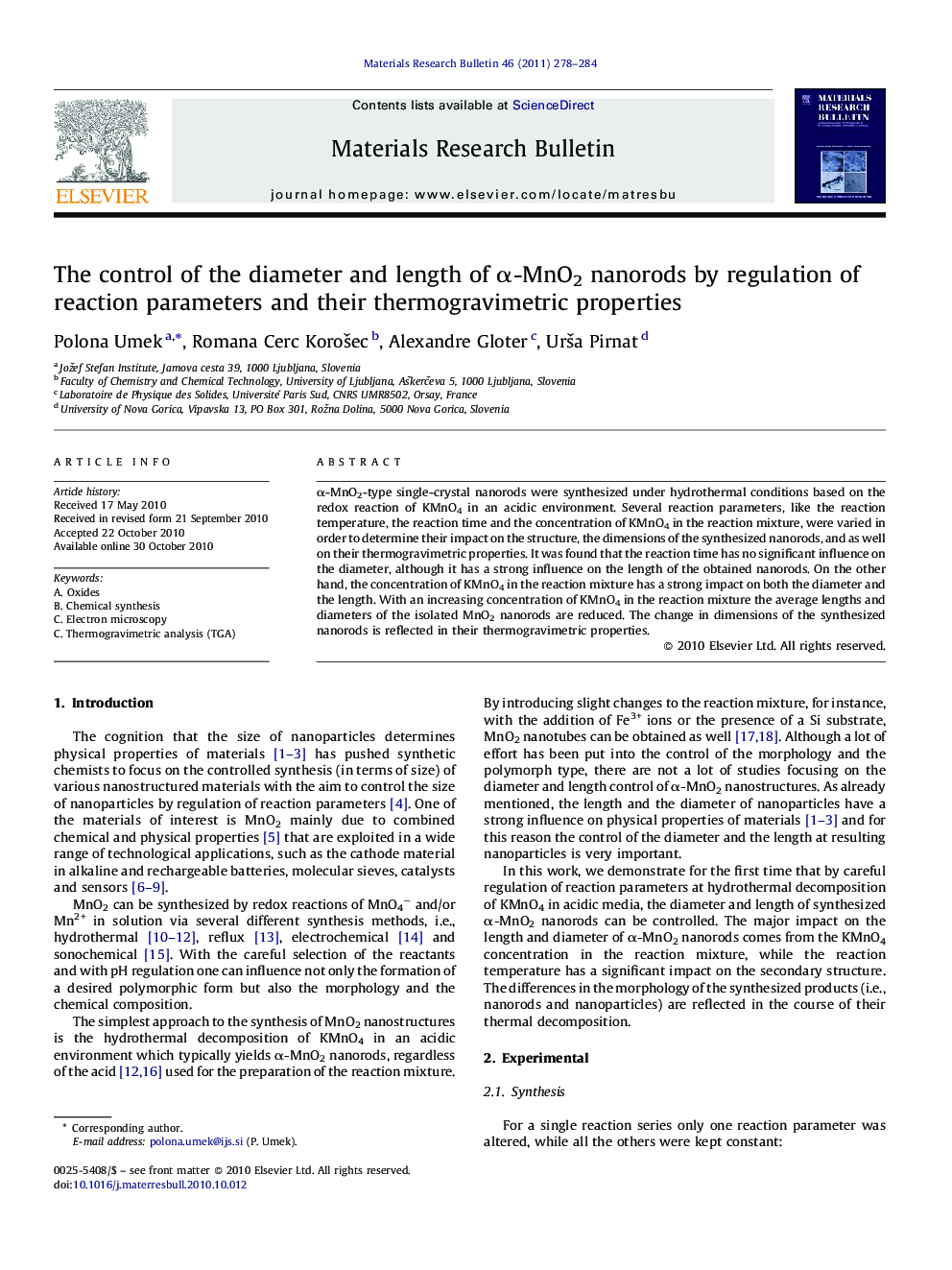 The control of the diameter and length of Î±-MnO2 nanorods by regulation of reaction parameters and their thermogravimetric properties