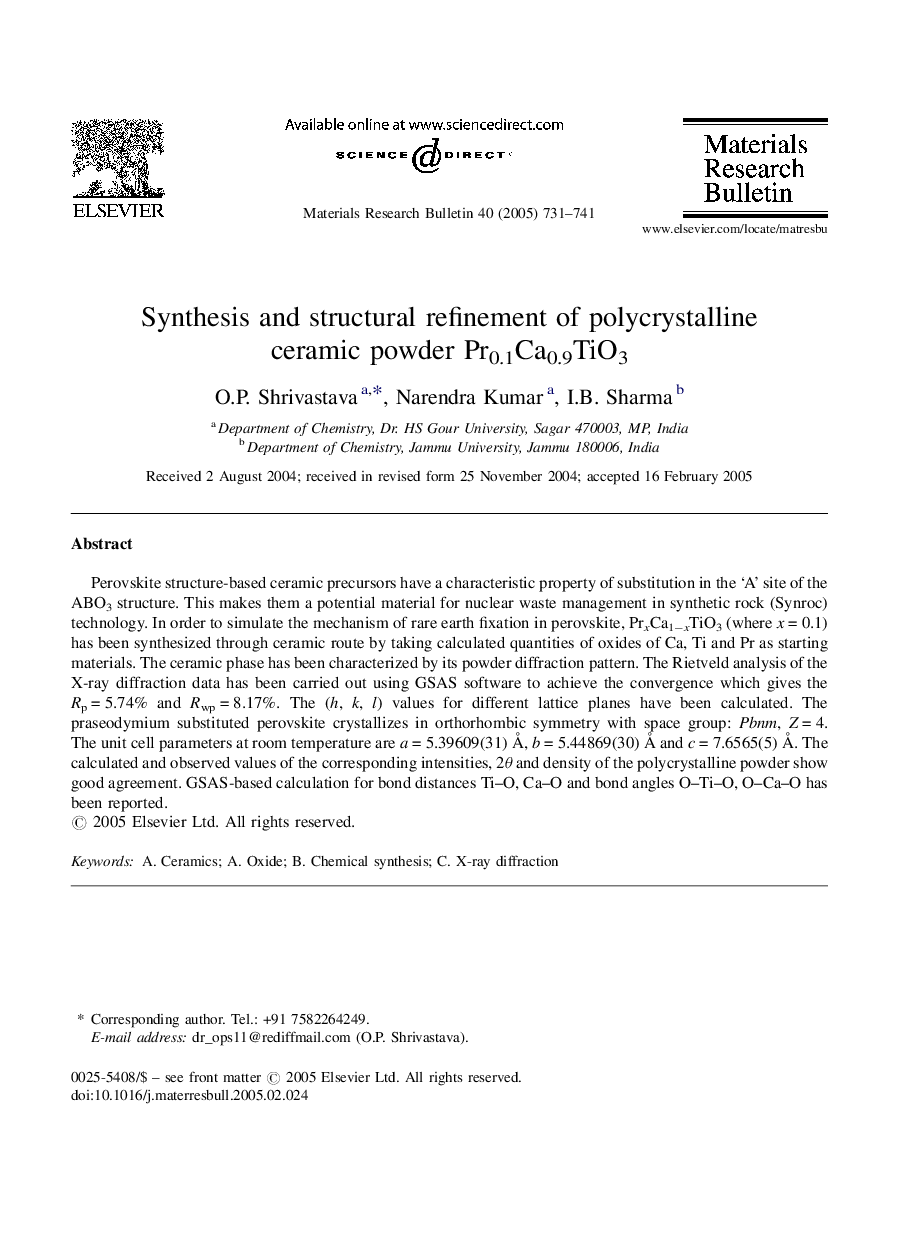 Synthesis and structural refinement of polycrystalline ceramic powder Pr0.1Ca0.9TiO3