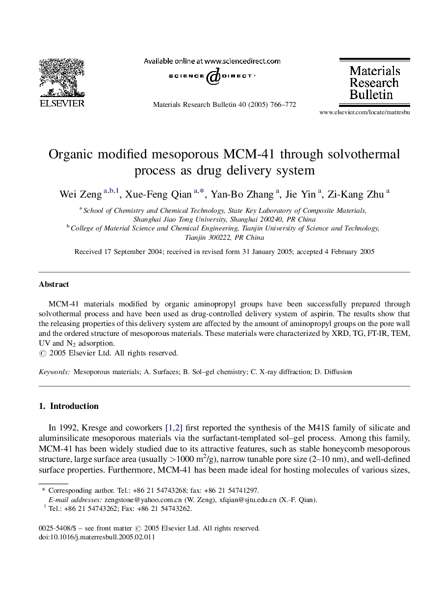 Organic modified mesoporous MCM-41 through solvothermal process as drug delivery system