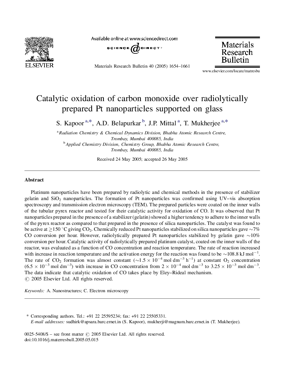 Catalytic oxidation of carbon monoxide over radiolytically prepared Pt nanoparticles supported on glass