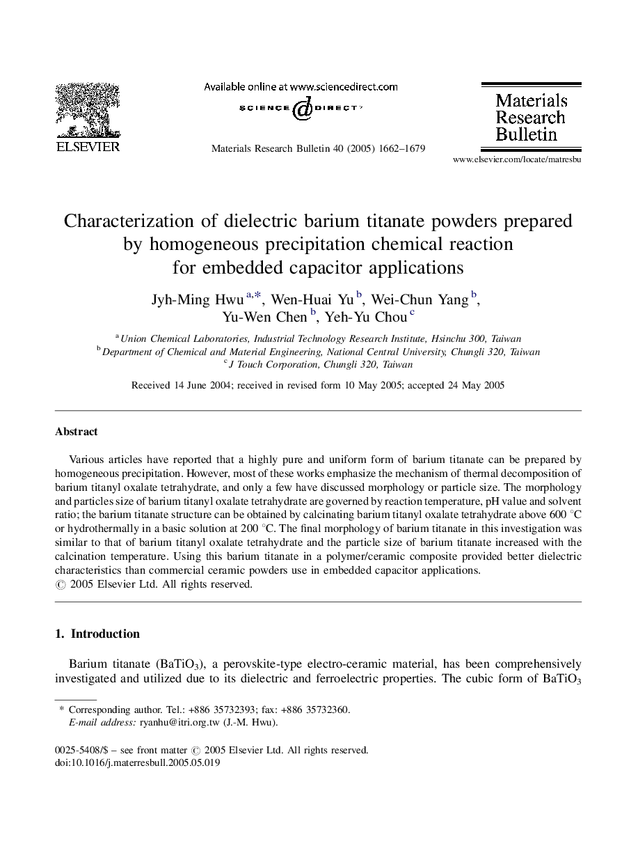 Characterization of dielectric barium titanate powders prepared by homogeneous precipitation chemical reaction for embedded capacitor applications