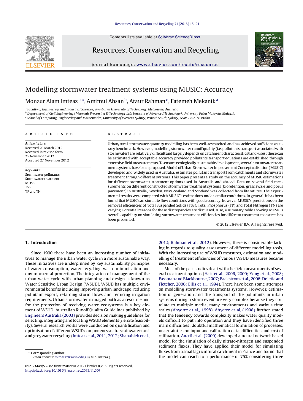 Modelling stormwater treatment systems using MUSIC: Accuracy