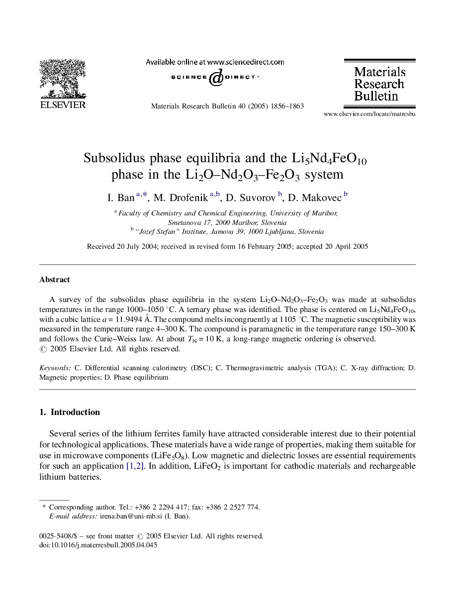 Subsolidus phase equilibria and the Li5Nd4FeO10 phase in the Li2O-Nd2O3-Fe2O3 system