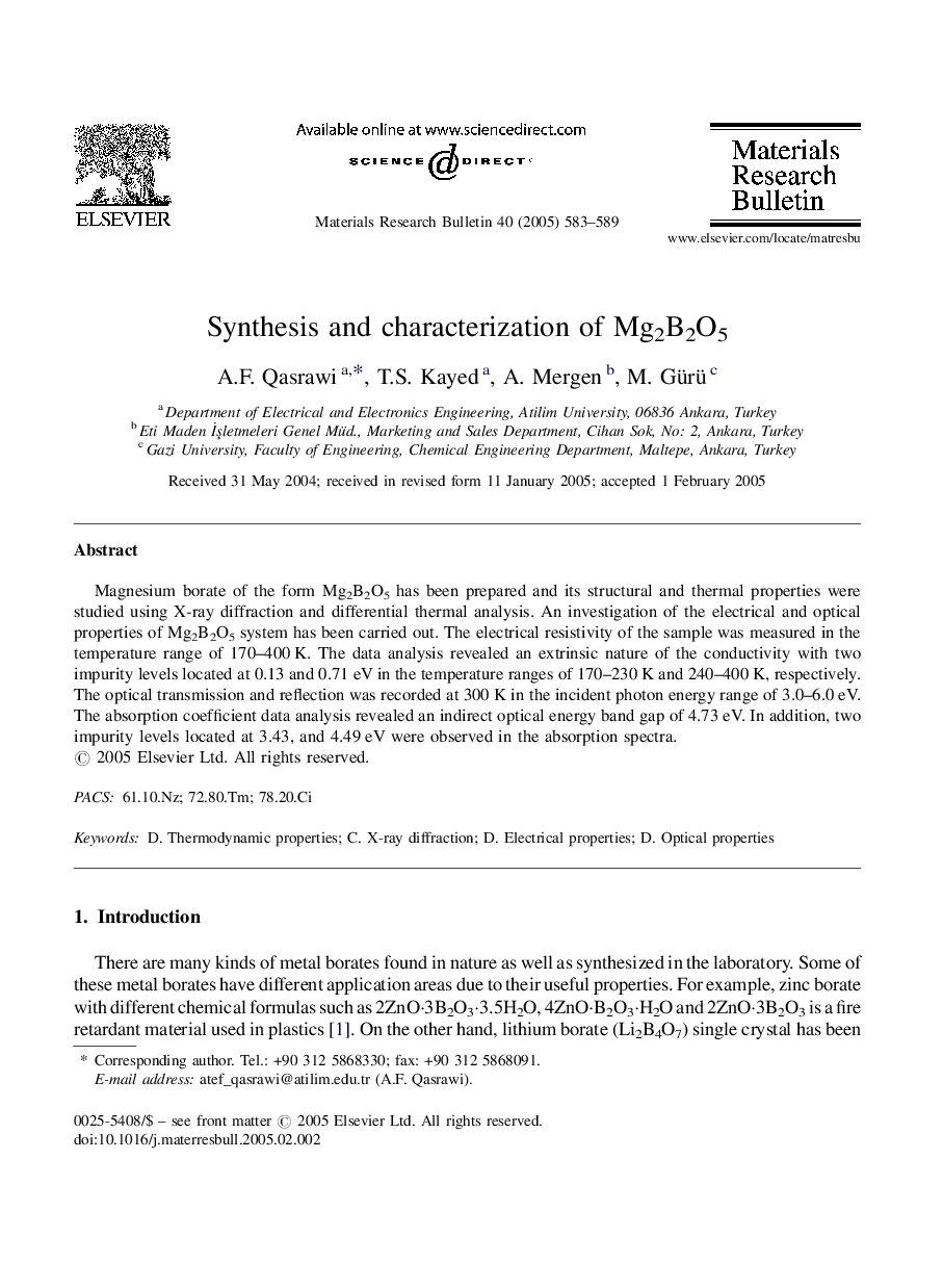 Synthesis and characterization of Mg2B2O5