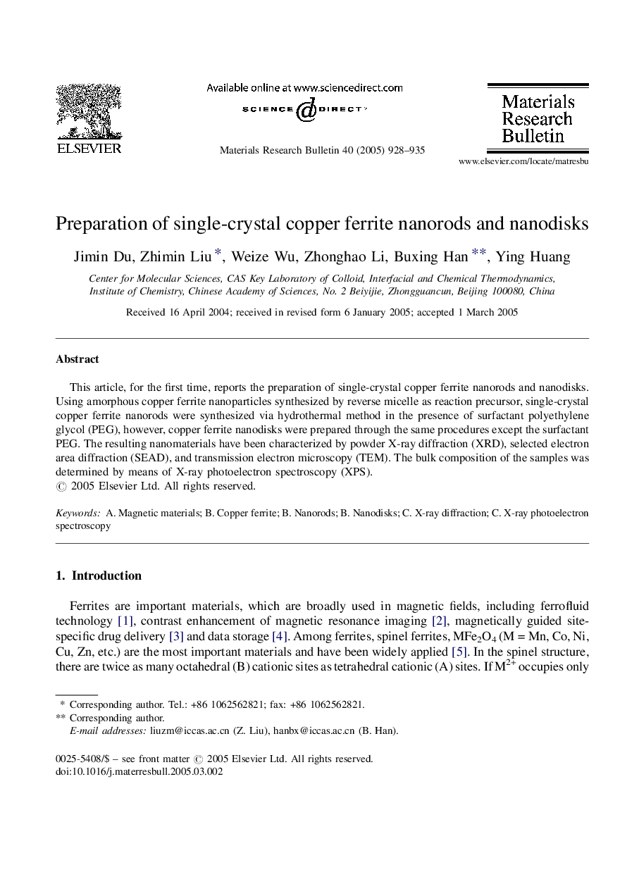 Preparation of single-crystal copper ferrite nanorods and nanodisks
