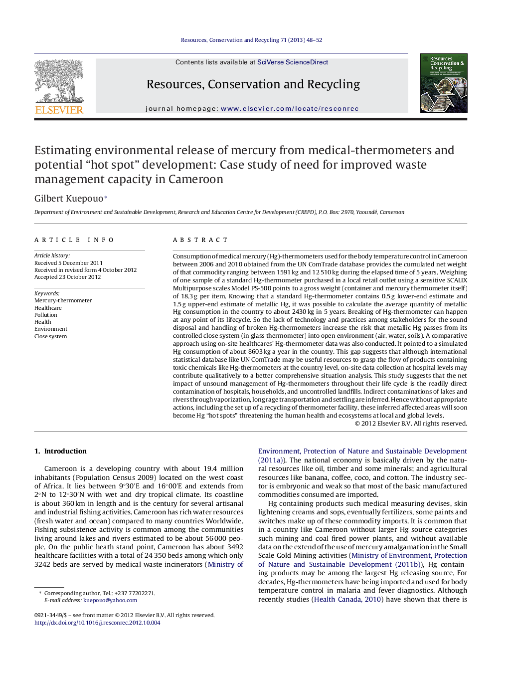 Estimating environmental release of mercury from medical-thermometers and potential “hot spot” development: Case study of need for improved waste management capacity in Cameroon