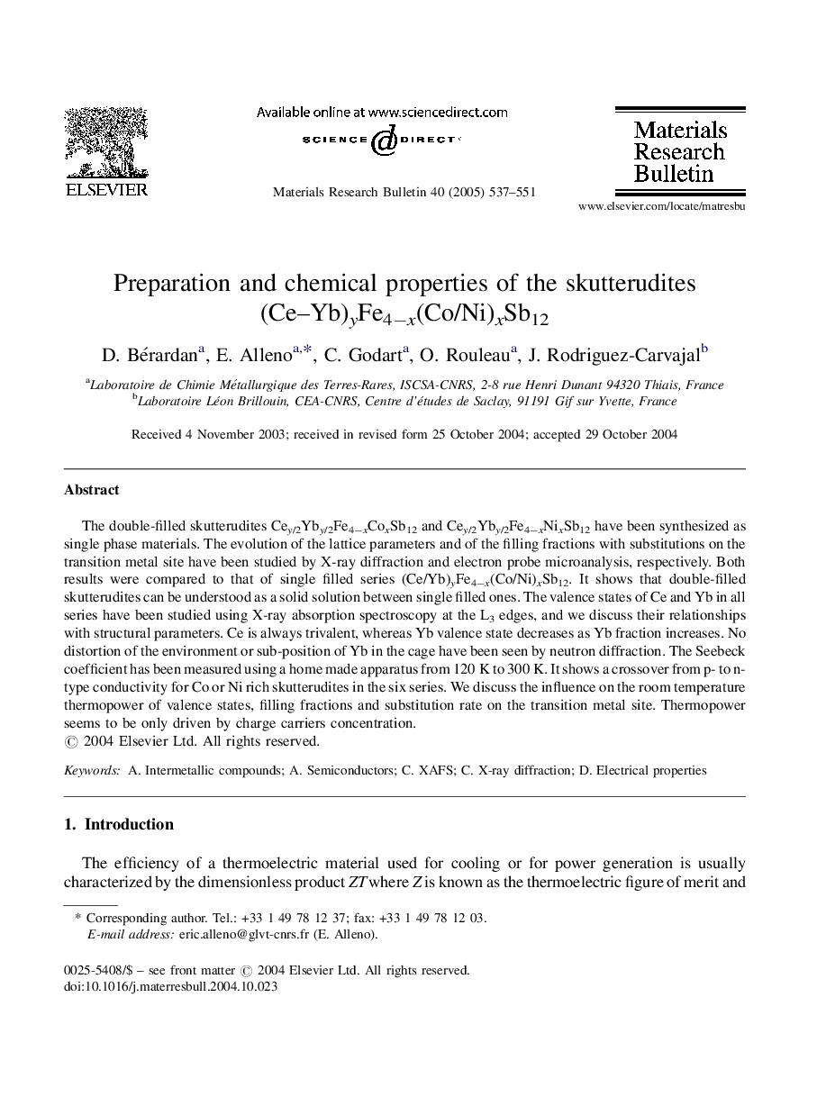 Preparation and chemical properties of the skutterudites (Ce-Yb)yFe4âx(Co/Ni)xSb12