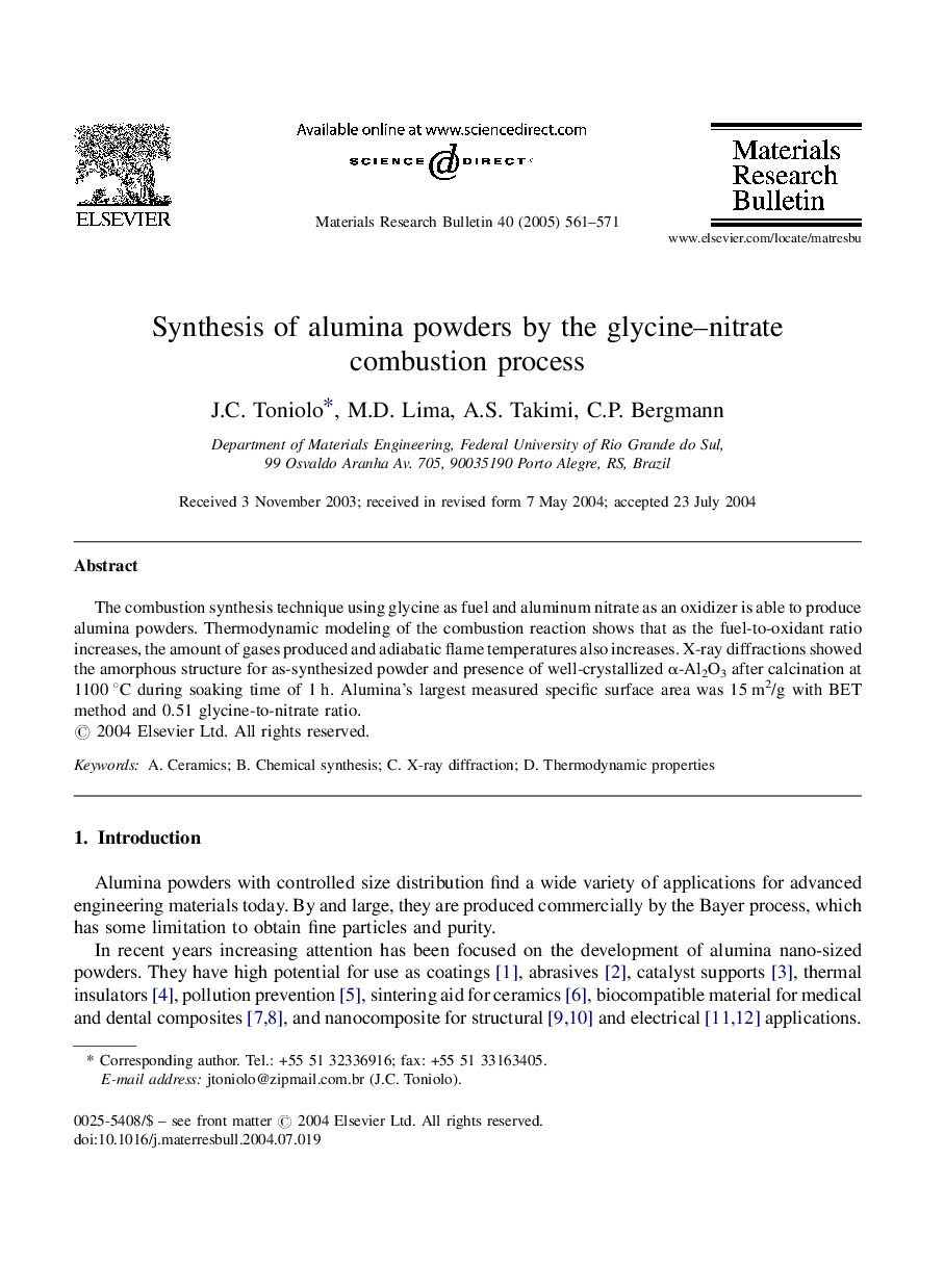 Synthesis of alumina powders by the glycine-nitrate combustion process