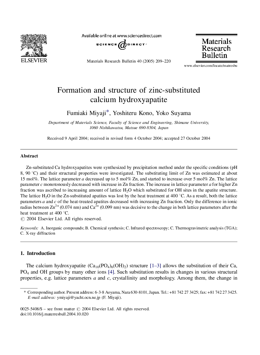 Formation and structure of zinc-substituted calcium hydroxyapatite