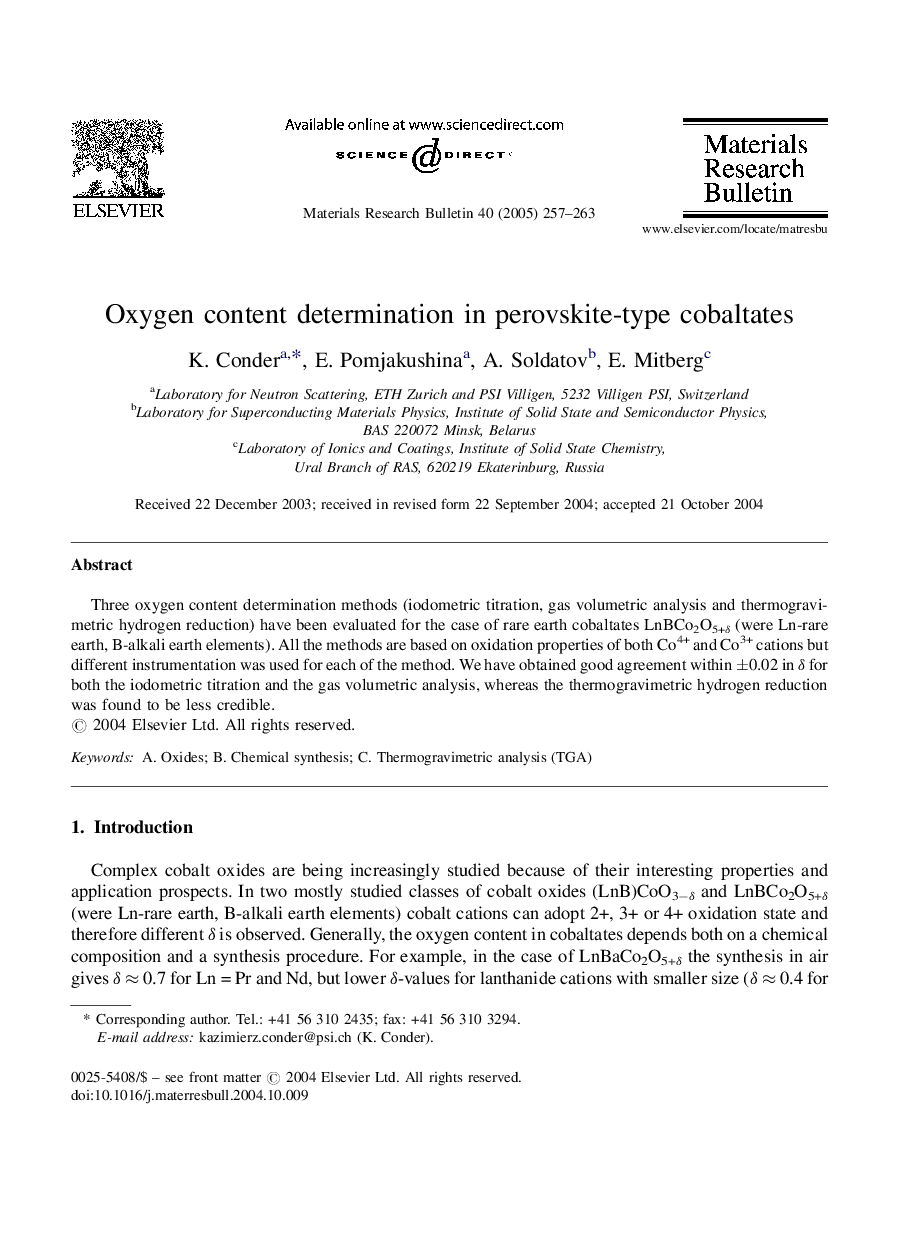 Oxygen content determination in perovskite-type cobaltates