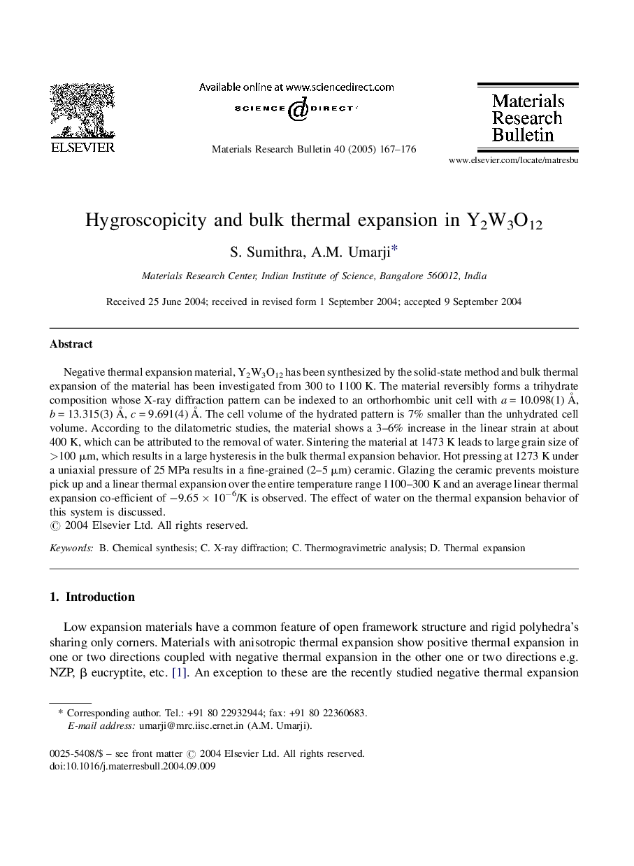 Hygroscopicity and bulk thermal expansion in Y2W3O12