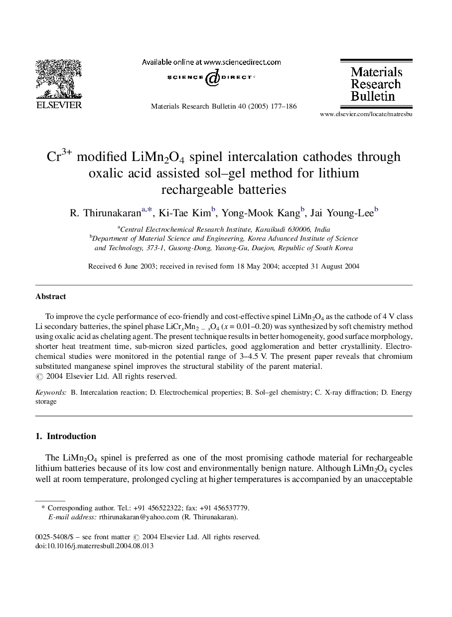 Cr3+ modified LiMn2O4 spinel intercalation cathodes through oxalic acid assisted sol-gel method for lithium rechargeable batteries