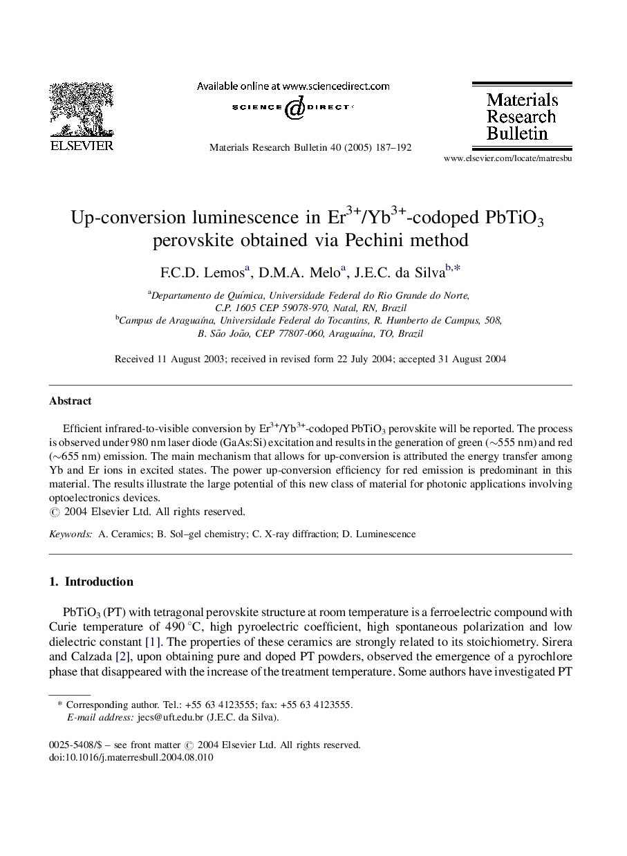 Up-conversion luminescence in Er3+/Yb3+-codoped PbTiO3 perovskite obtained via Pechini method