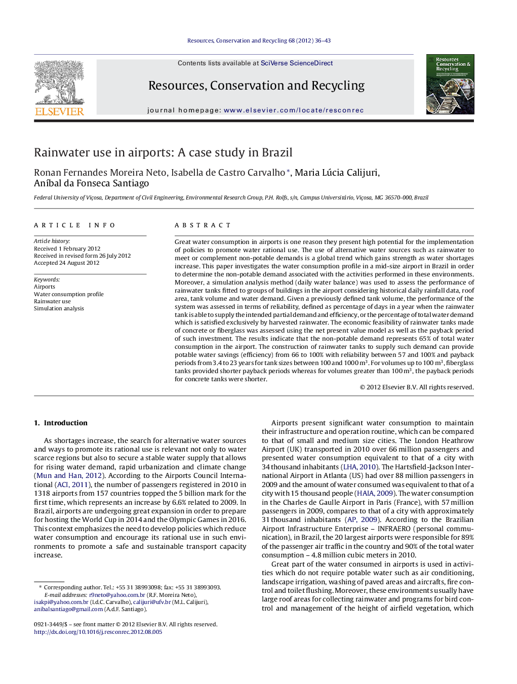 Rainwater use in airports: A case study in Brazil