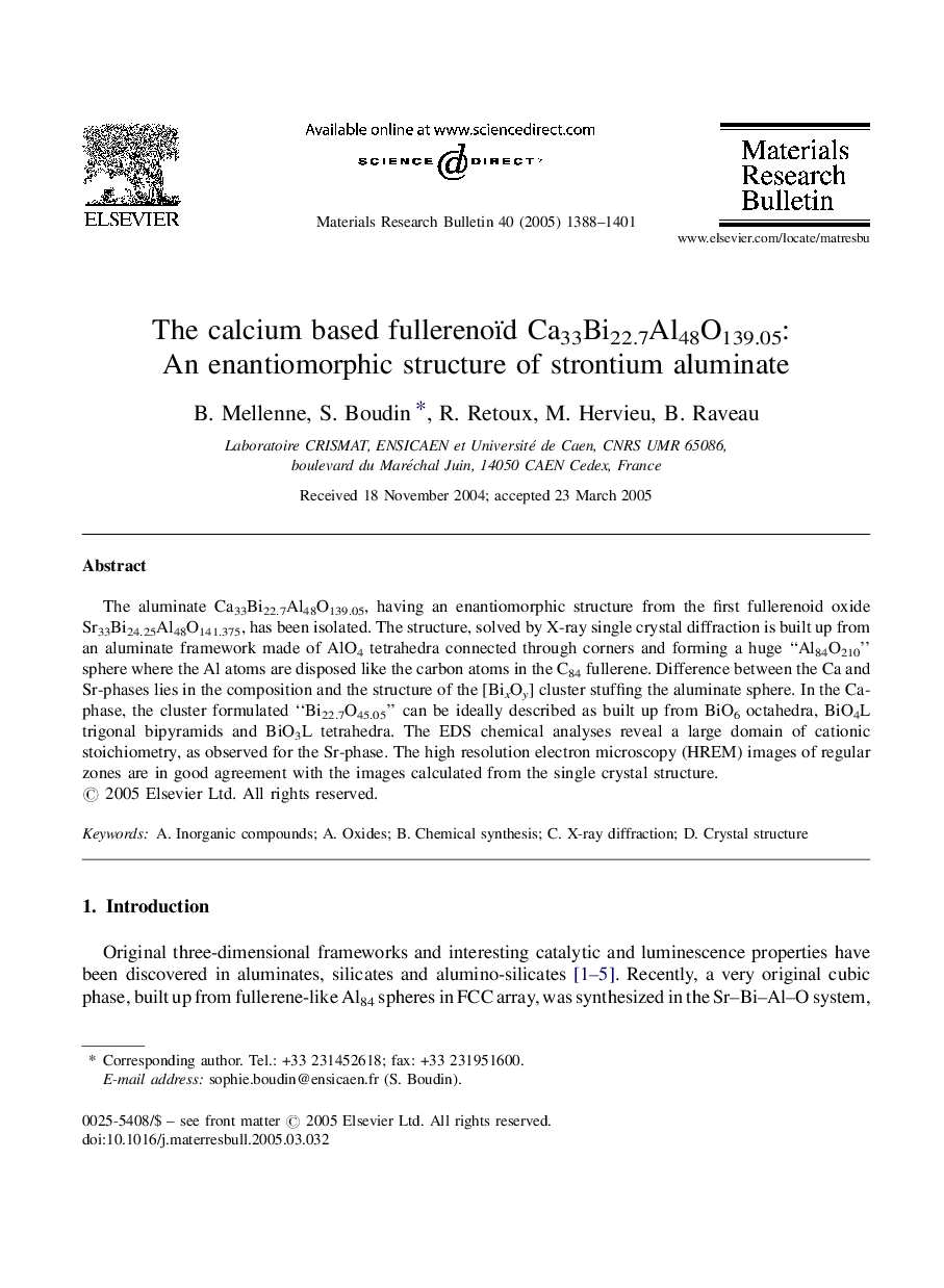 The calcium based fullerenoïd Ca33Bi22.7Al48O139.05: An enantiomorphic structure of strontium aluminate