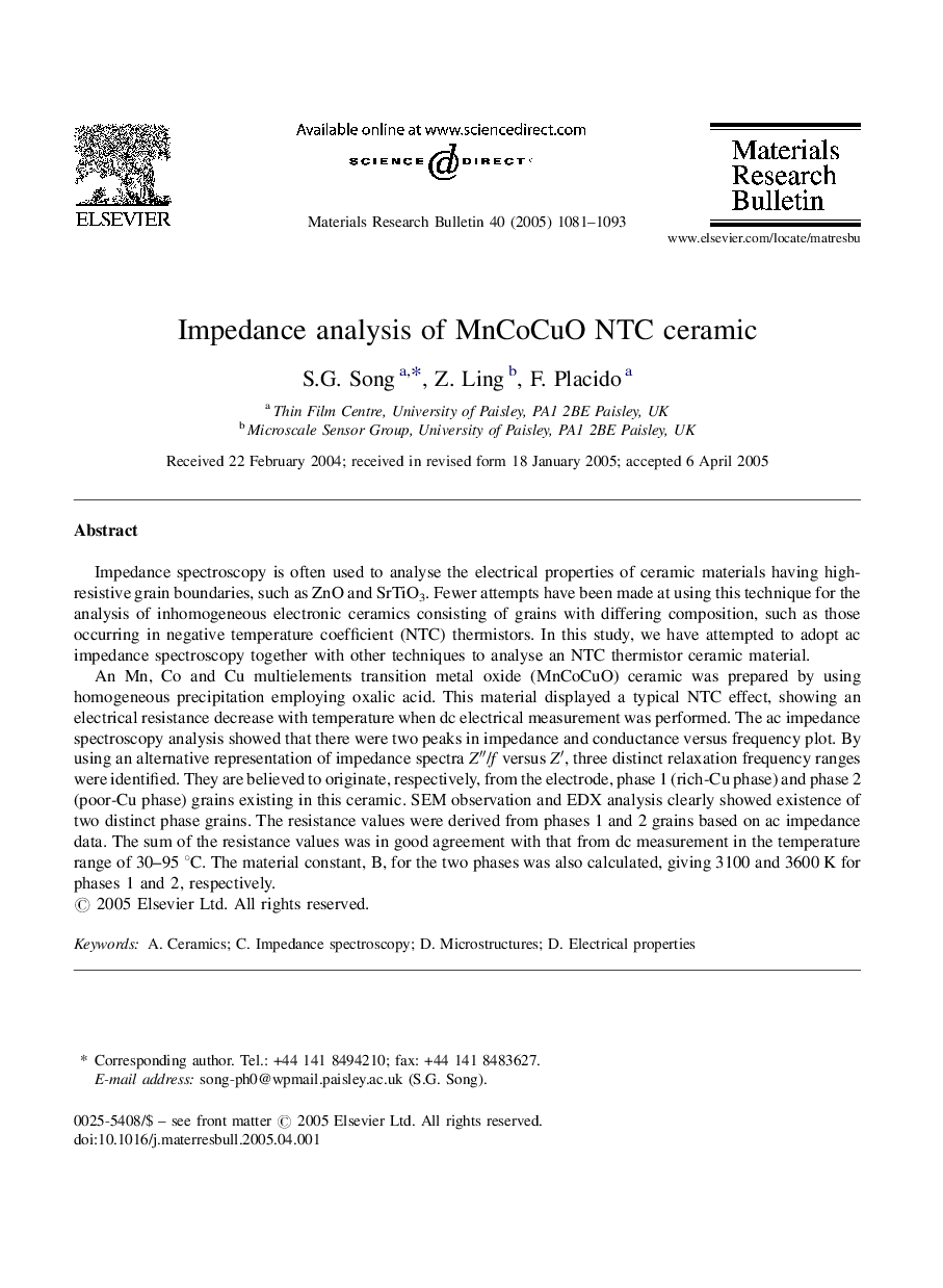 Impedance analysis of MnCoCuO NTC ceramic