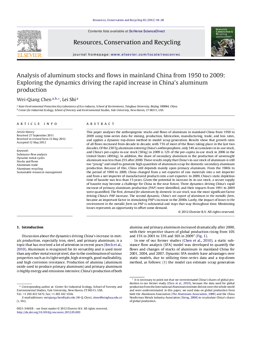 Analysis of aluminum stocks and flows in mainland China from 1950 to 2009: Exploring the dynamics driving the rapid increase in China's aluminum production