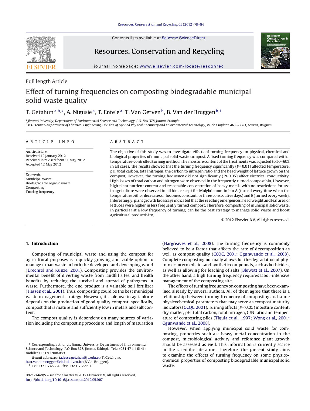 Effect of turning frequencies on composting biodegradable municipal solid waste quality