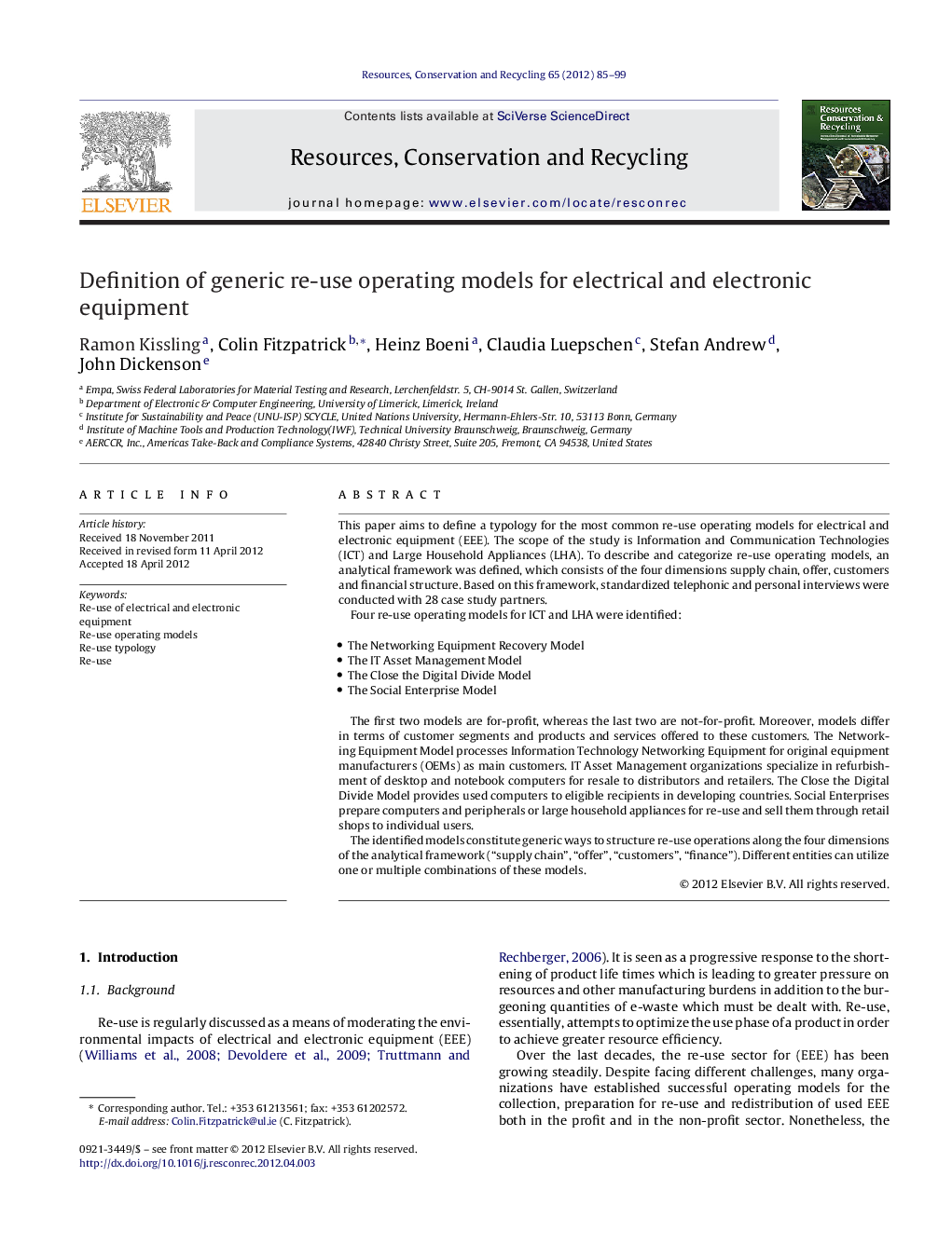 Definition of generic re-use operating models for electrical and electronic equipment