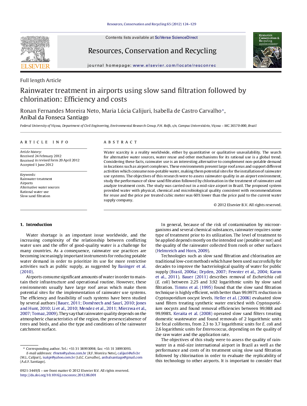 Rainwater treatment in airports using slow sand filtration followed by chlorination: Efficiency and costs