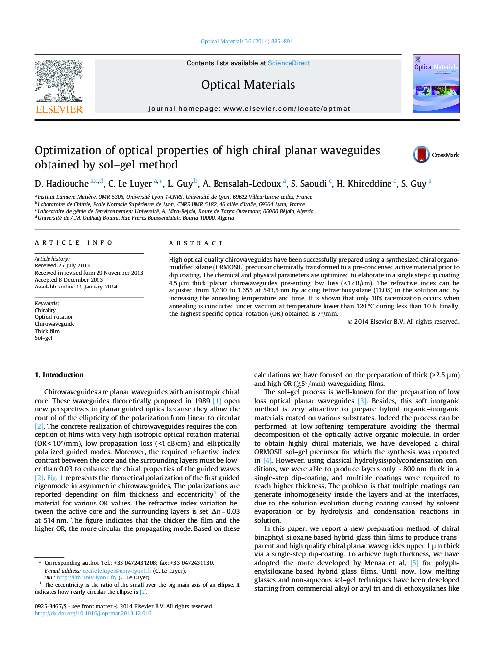 Optimization of optical properties of high chiral planar waveguides obtained by sol-gel method