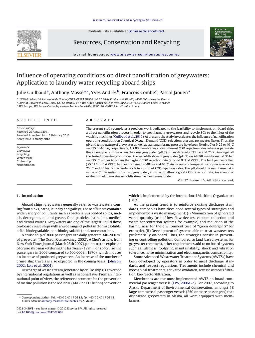 Influence of operating conditions on direct nanofiltration of greywaters: Application to laundry water recycling aboard ships