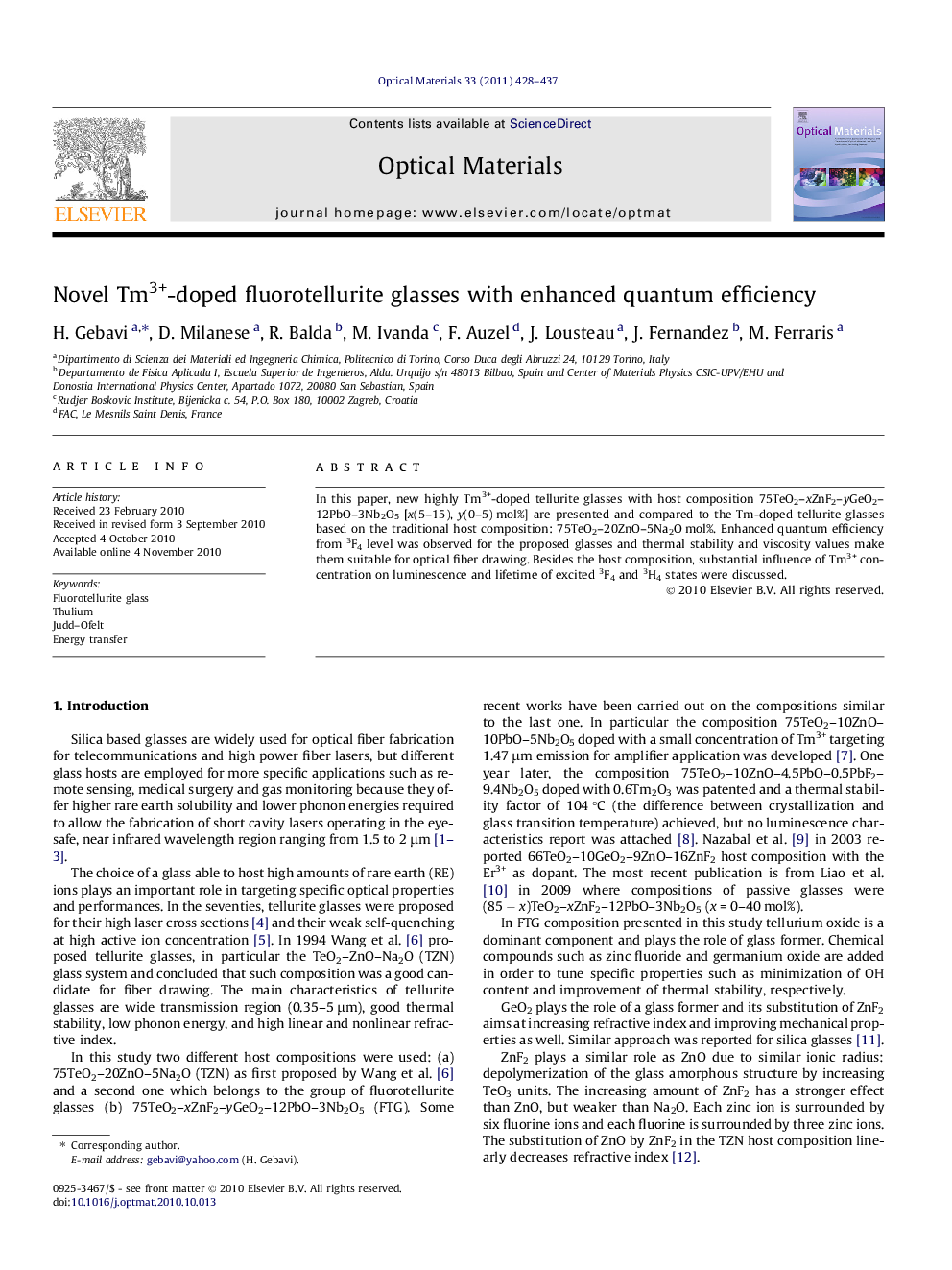 عکس صفحه اول مقاله: Novel Tm3+-doped fluorotellurite glasses with enhanced quantum efficiency Novel Tm3+-doped fluorotellurite glasses with enhanced quantum efficiency