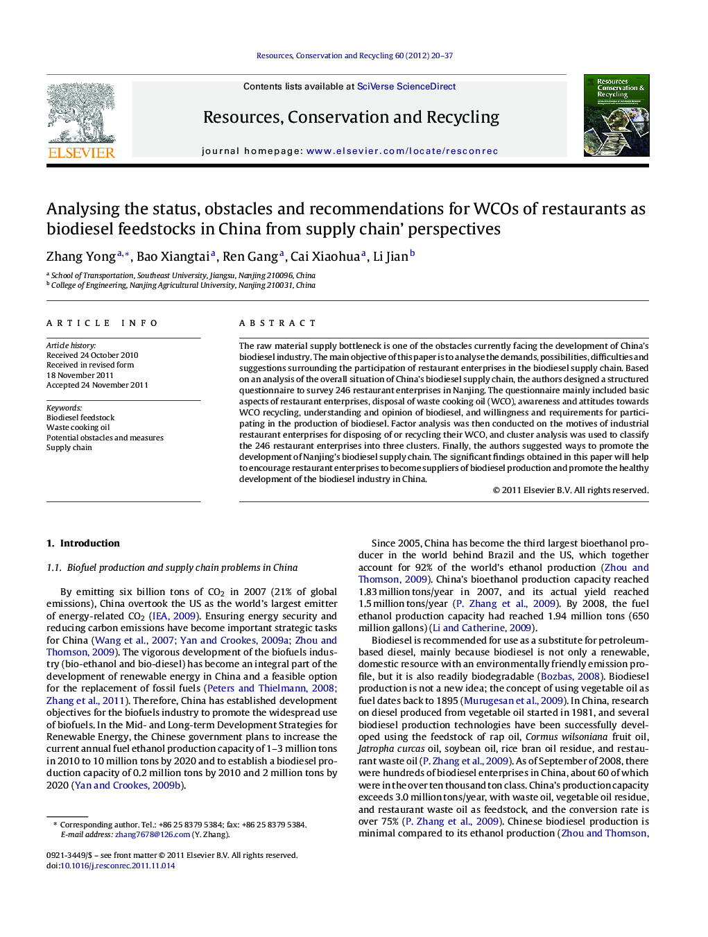 Analysing the status, obstacles and recommendations for WCOs of restaurants as biodiesel feedstocks in China from supply chain’ perspectives