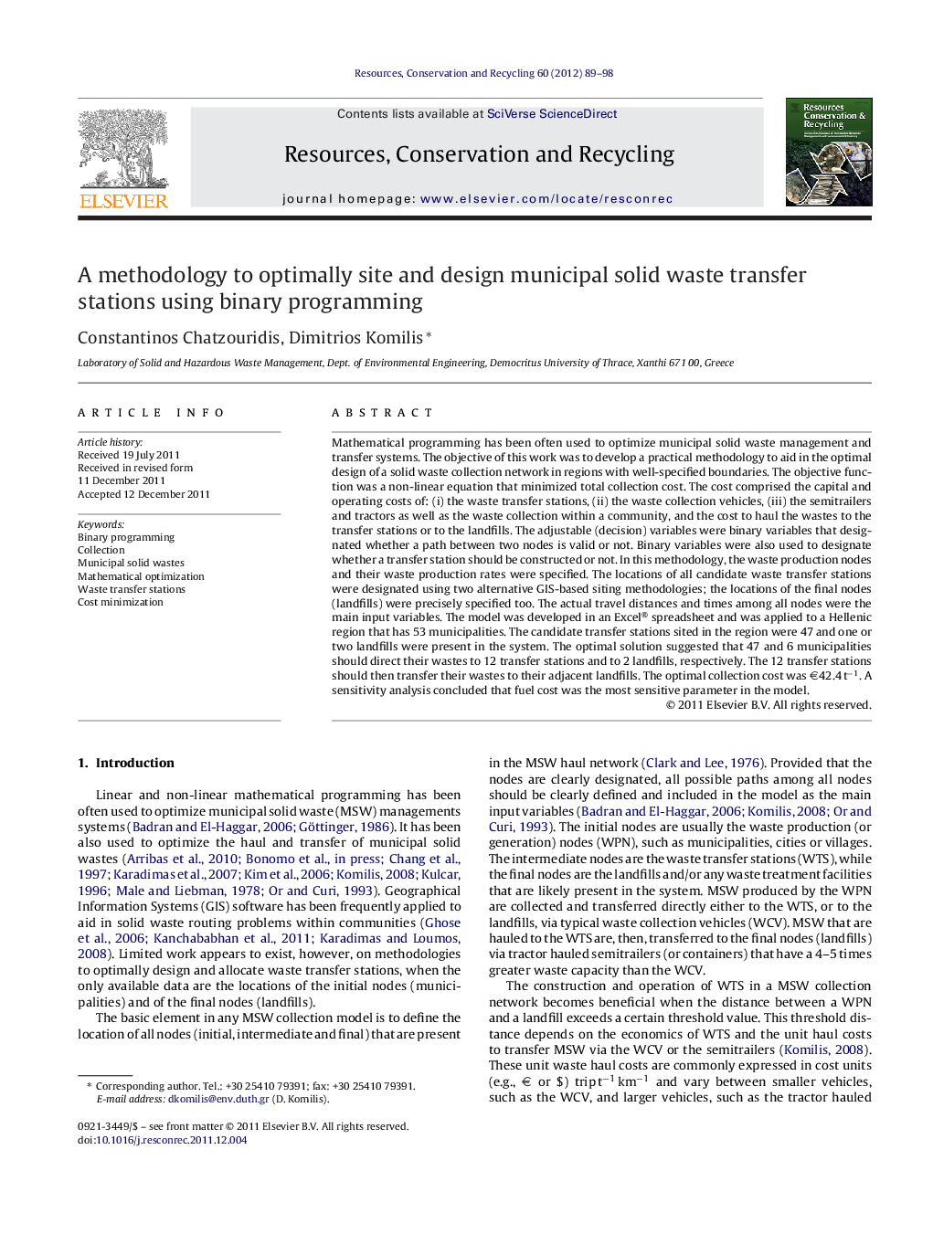 A methodology to optimally site and design municipal solid waste transfer stations using binary programming