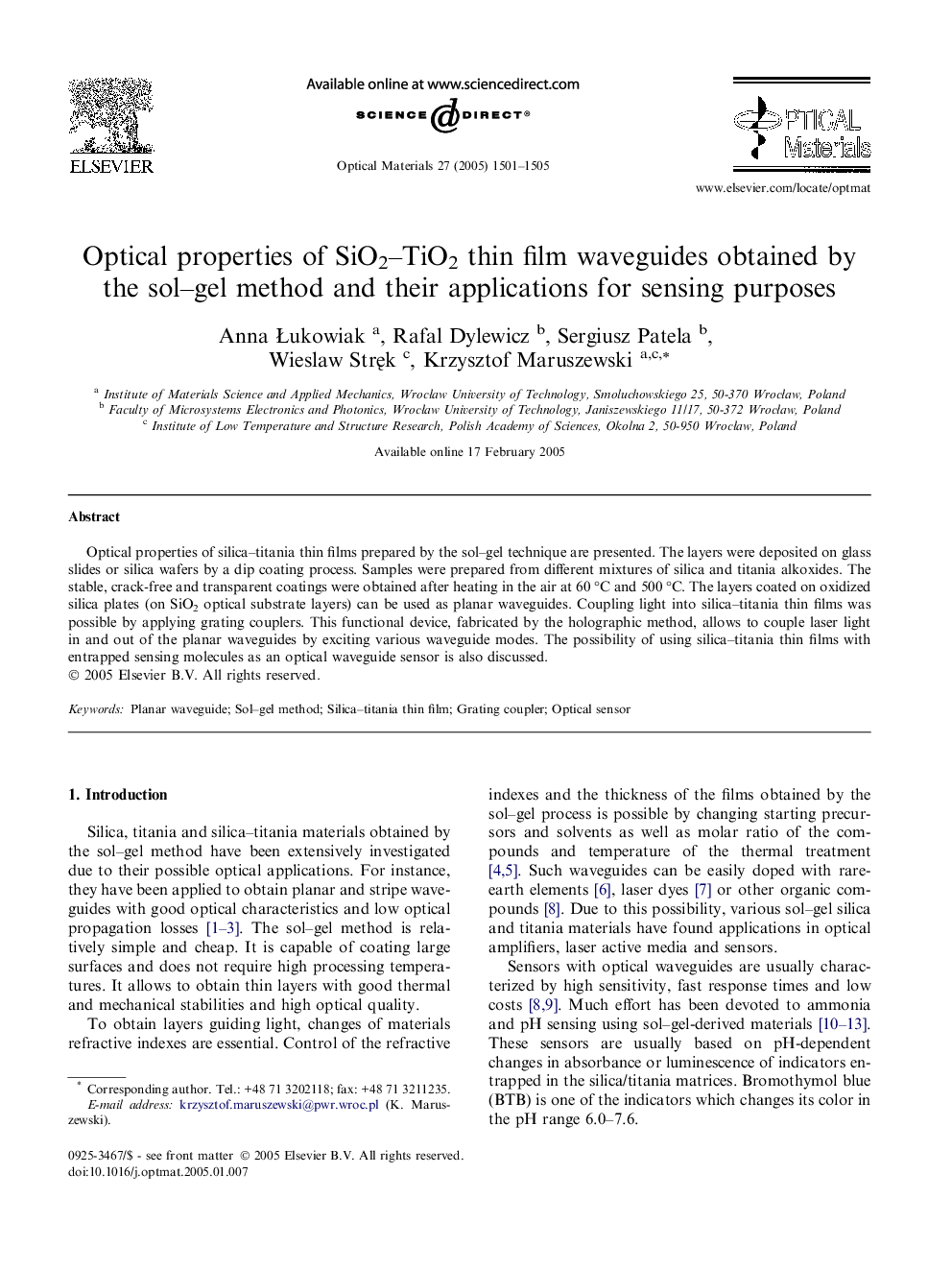 Optical properties of SiO2-TiO2 thin film waveguides obtained by the sol-gel method and their applications for sensing purposes