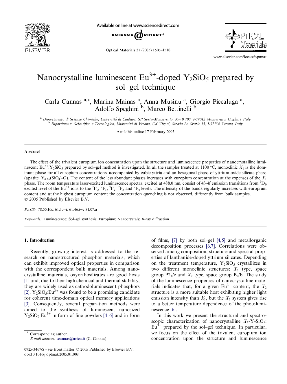 Nanocrystalline luminescent Eu3+-doped Y2SiO5 prepared by sol-gel technique