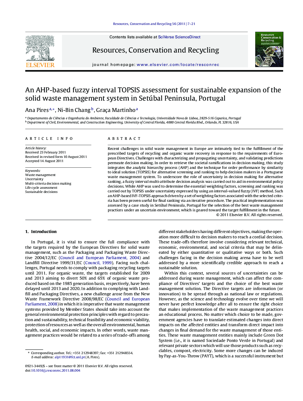 An AHP-based fuzzy interval TOPSIS assessment for sustainable expansion of the solid waste management system in Setúbal Peninsula, Portugal