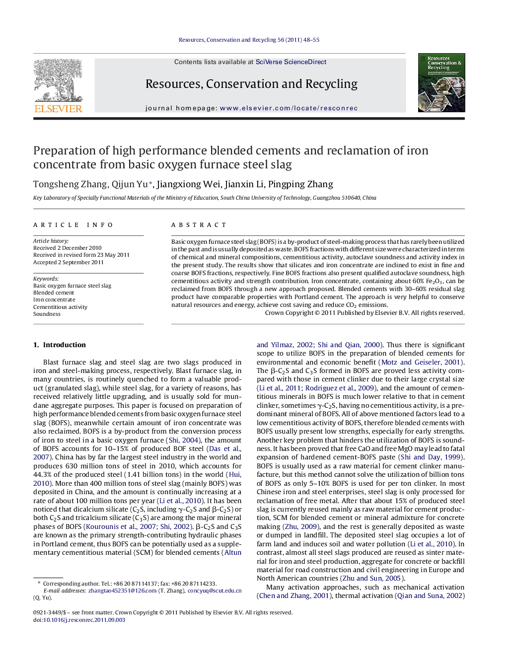 Preparation of high performance blended cements and reclamation of iron concentrate from basic oxygen furnace steel slag